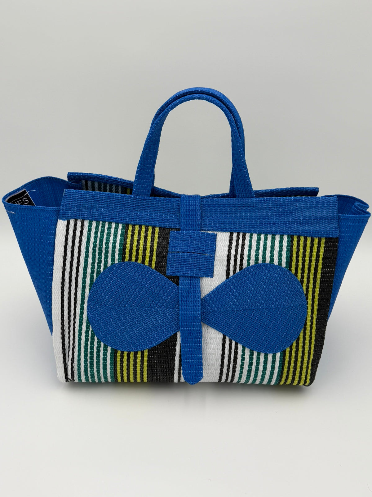 Pearl Large handwoven tote bag by SCRUBIES in Blue,White,Green,Yellow with Stripes design and Bow accent pattern