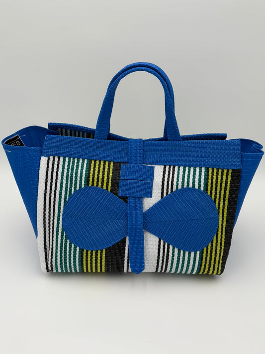 Pearl Large handwoven tote bag by SCRUBIES in Blue,White,Green,Yellow with Stripes design and Bow accent pattern