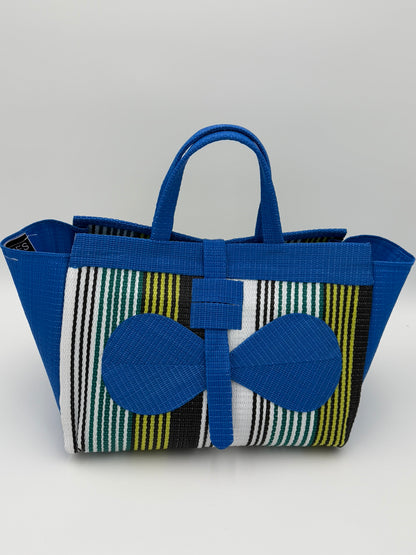 Pearl Large handwoven tote bag by SCRUBIES in Blue,White,Green,Yellow with Stripes design and Bow accent pattern