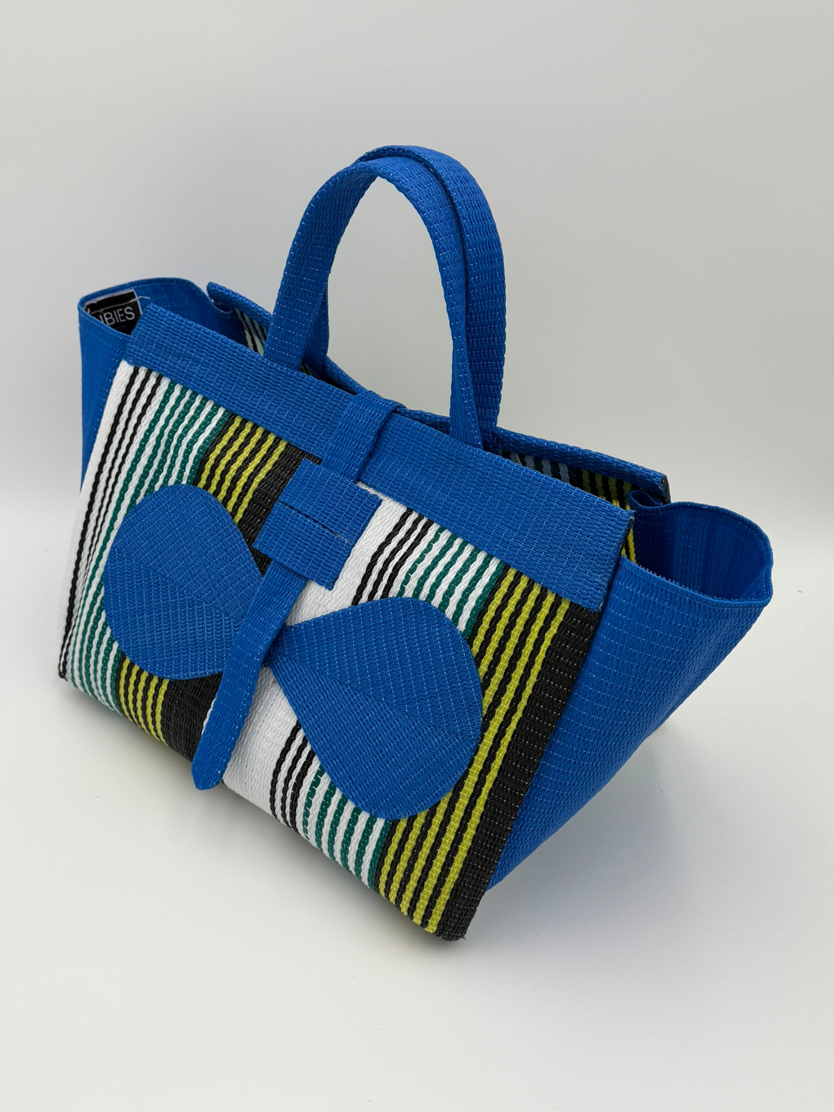 Pearl Large handwoven tote bag by SCRUBIES in Blue,White,Green,Yellow with Stripes design and Bow accent pattern