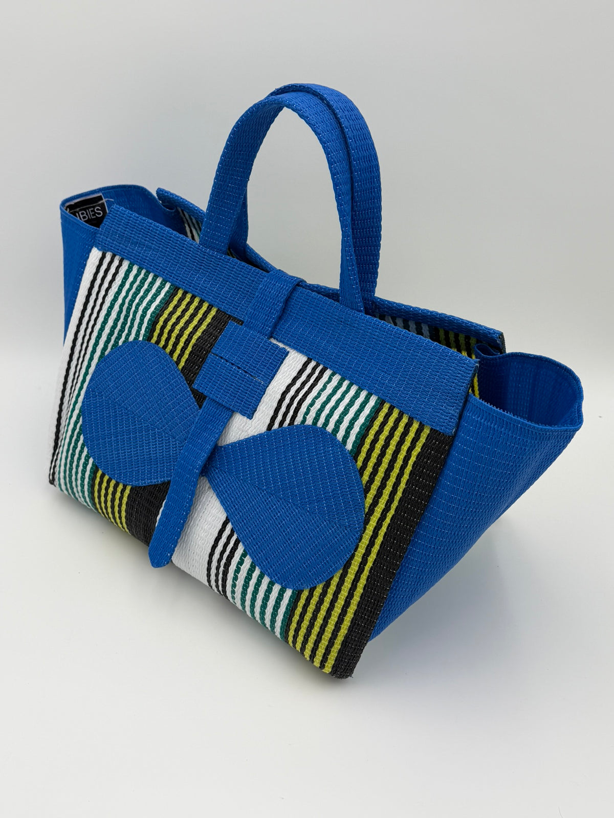 Pearl Large handwoven tote bag by SCRUBIES in Blue,White,Green,Yellow with Stripes design and Bow accent pattern