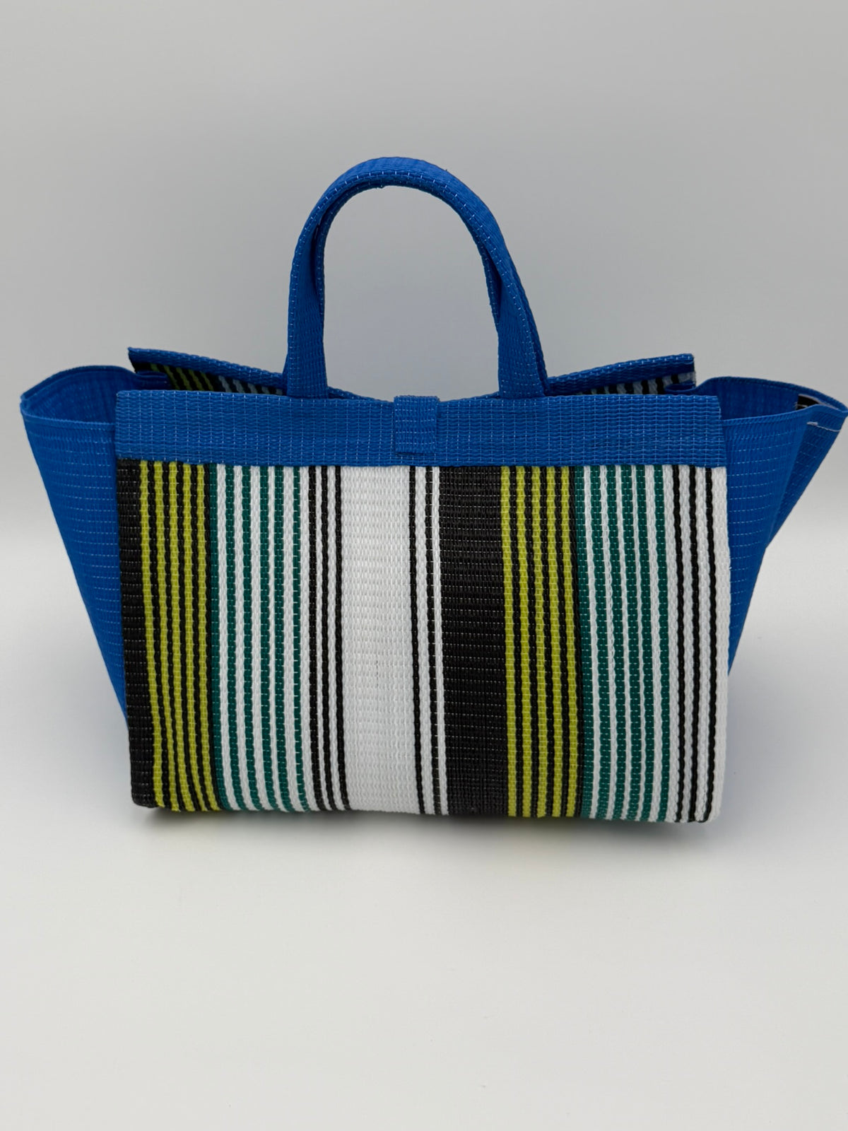 Pearl Large handwoven tote bag by SCRUBIES in Blue,White,Green,Yellow with Stripes design and Bow accent pattern