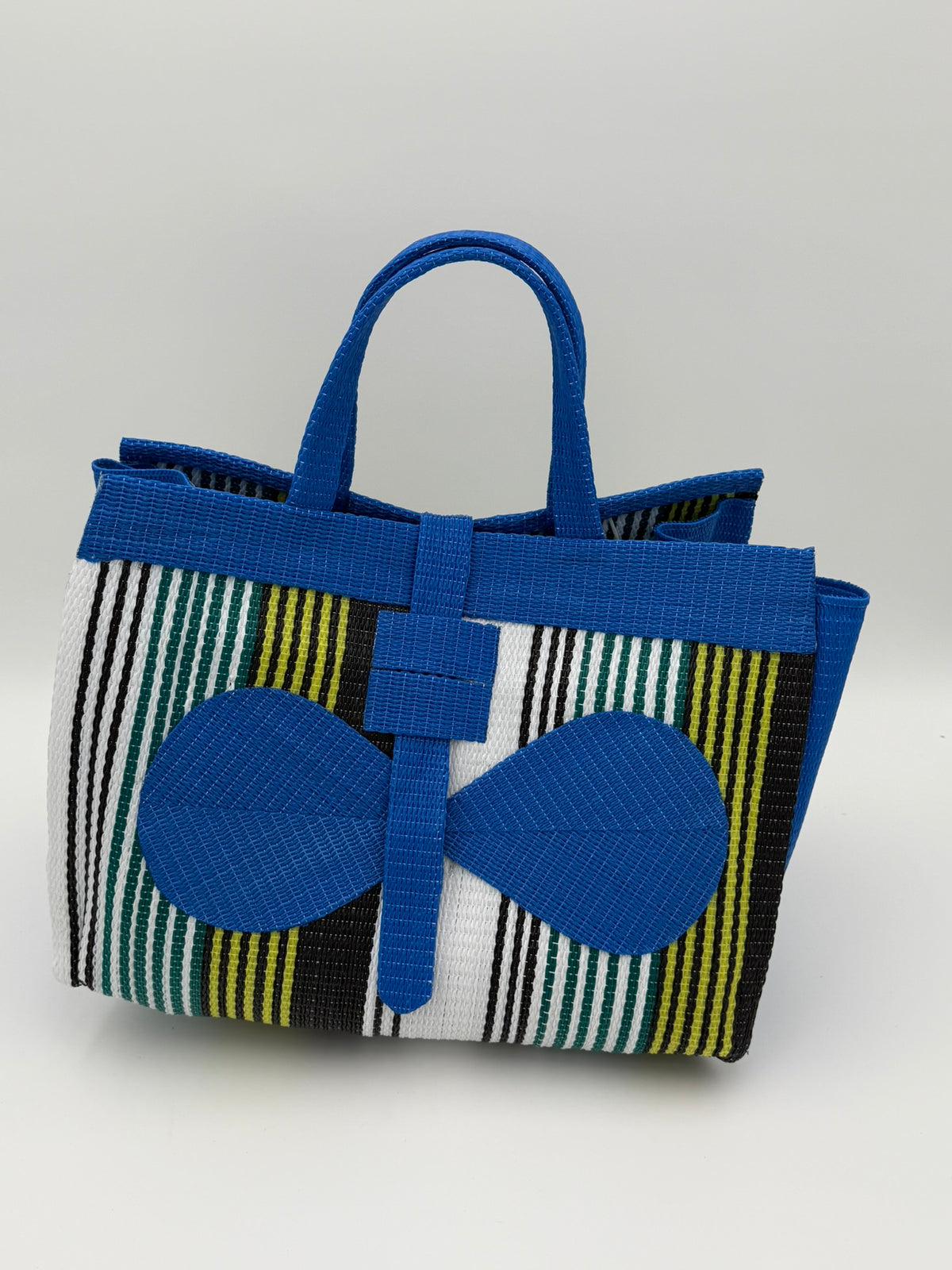Pearl Large handwoven tote bag by SCRUBIES in Blue,White,Green,Yellow with Stripes design and Bow accent pattern