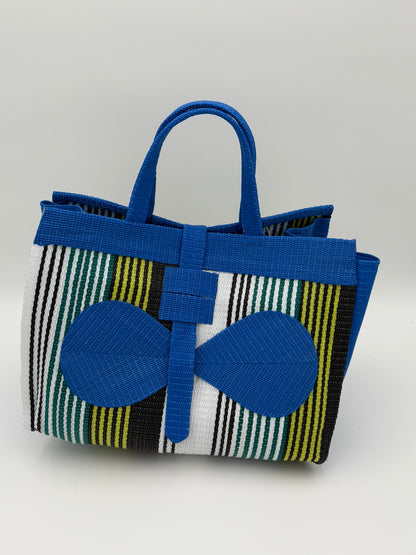 Pearl Large handwoven tote bag by SCRUBIES in Blue,White,Green,Yellow with Stripes design and Bow accent pattern
