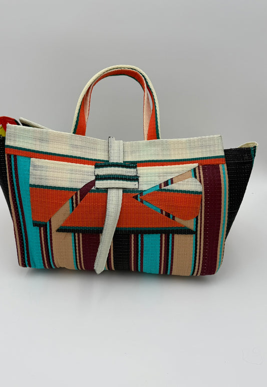 Boho Large handwoven tote bag by SCRUBIES in Cream,Orange,,Turquoise,Beige with Stripes design and Abstract accent pattern