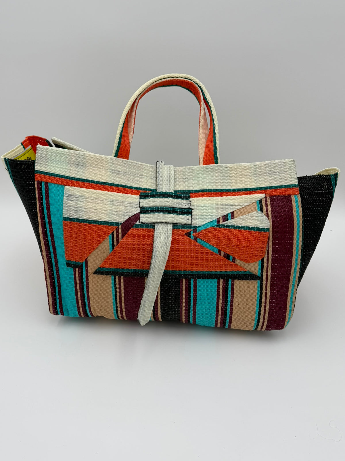 Boho Large handwoven tote bag by SCRUBIES in Cream,Orange,,Turquoise,Beige with Stripes design and Abstract accent pattern