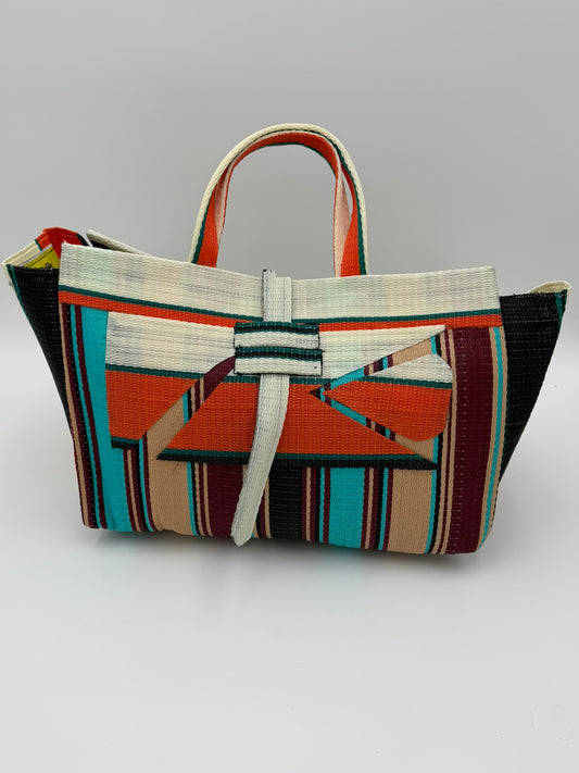 Boho Large handwoven tote bag by SCRUBIES in Cream,Orange,,Turquoise,Beige with Stripes design and Abstract accent pattern