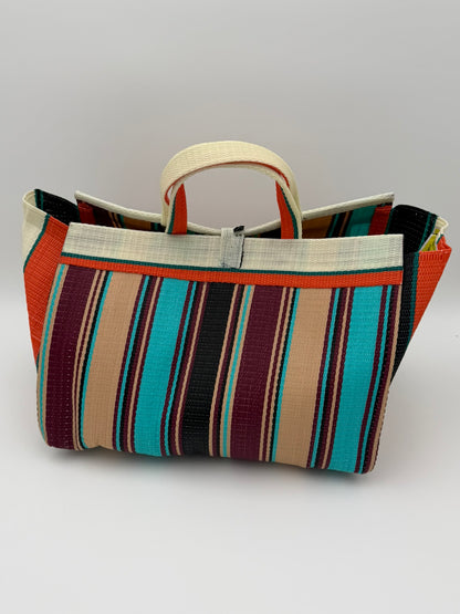 Boho Large handwoven tote bag by SCRUBIES in Cream,Orange,,Turquoise,Beige with Stripes design and Abstract accent pattern