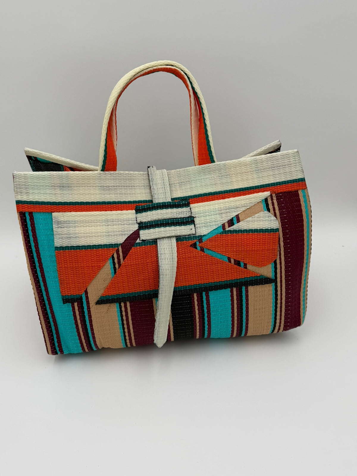 Boho Large handwoven tote bag by SCRUBIES in Cream,Orange,,Turquoise,Beige with Stripes design and Abstract accent pattern