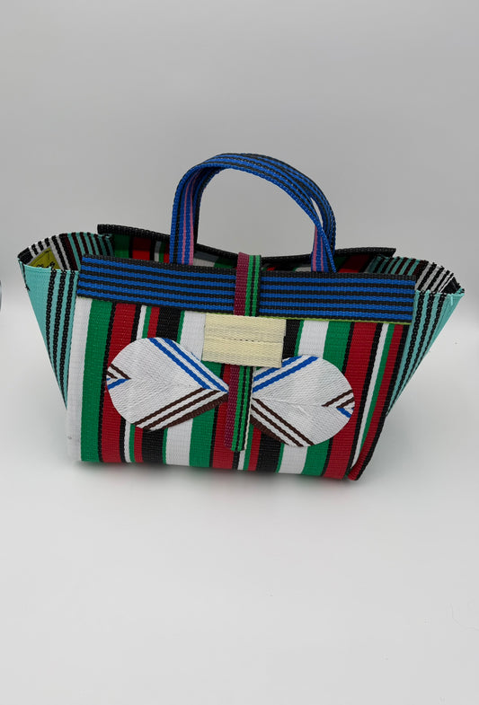 Arabian Large handwoven tote bag by SCRUBIES in Green,White,Red,Black with Stripes design and Bow accent pattern