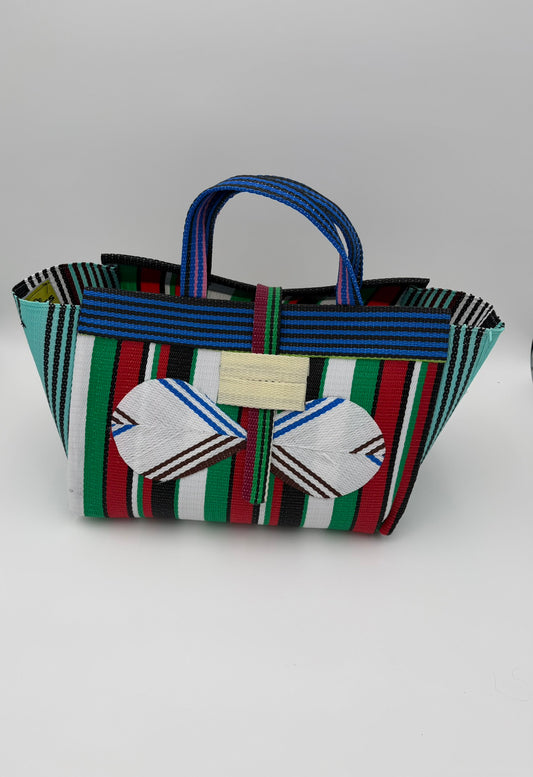 Arabian Large handwoven tote bag by SCRUBIES in Green,White,Red,Black with Stripes design and Bow accent pattern