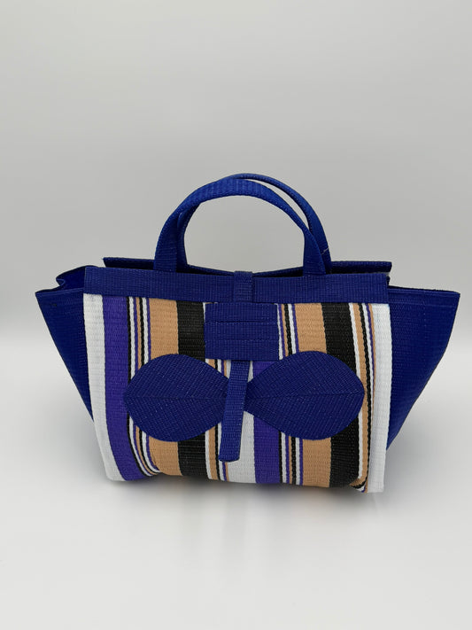 Beige Large handwoven tote bag by SCRUBIES in Blue,Beige,White,Black with Stripes design and Bow accent pattern