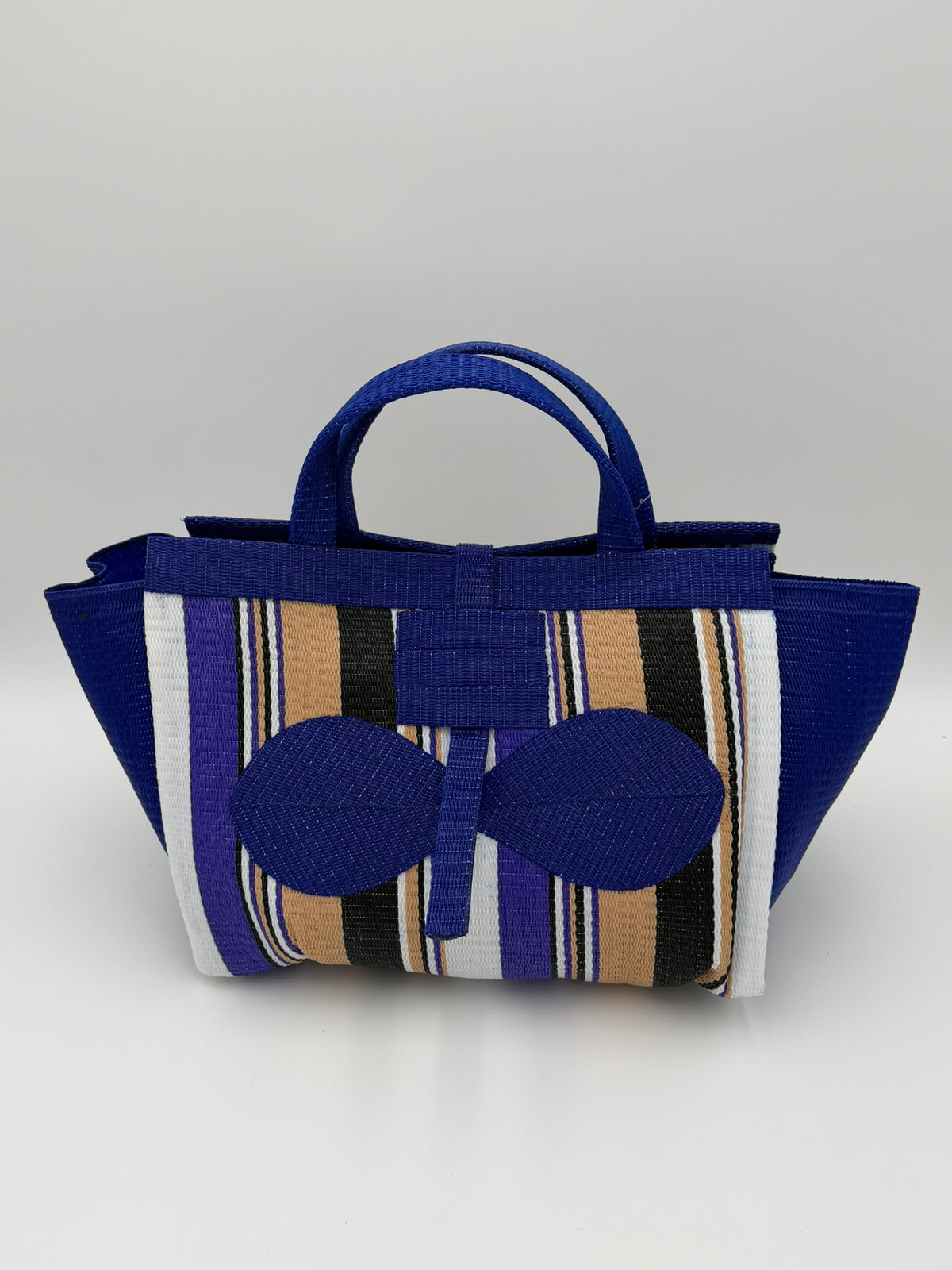 Beige Large handwoven tote bag by SCRUBIES in Blue,Beige,White,Black with Stripes design and Bow accent pattern