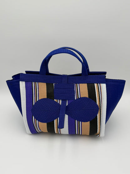 Beige Large handwoven tote bag by SCRUBIES in Blue,Beige,White,Black with Stripes design and Bow accent pattern
