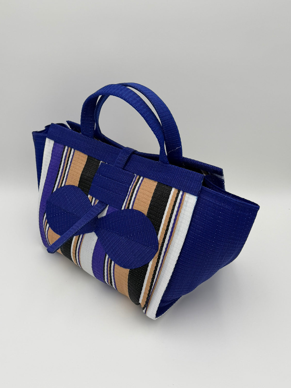 Beige Large handwoven tote bag by SCRUBIES in Blue,Beige,White,Black with Stripes design and Bow accent pattern