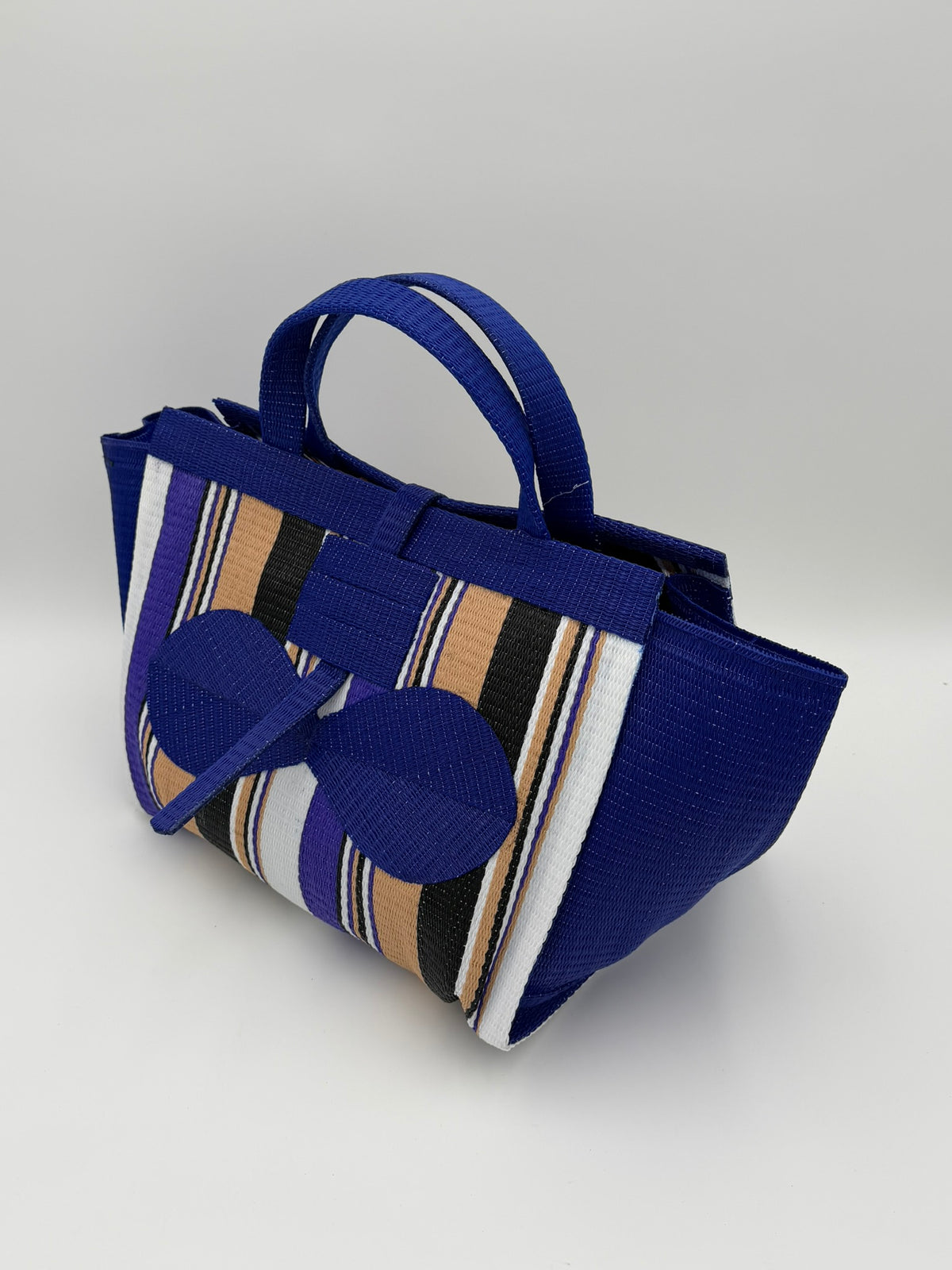 Beige Large handwoven tote bag by SCRUBIES in Blue,Beige,White,Black with Stripes design and Bow accent pattern