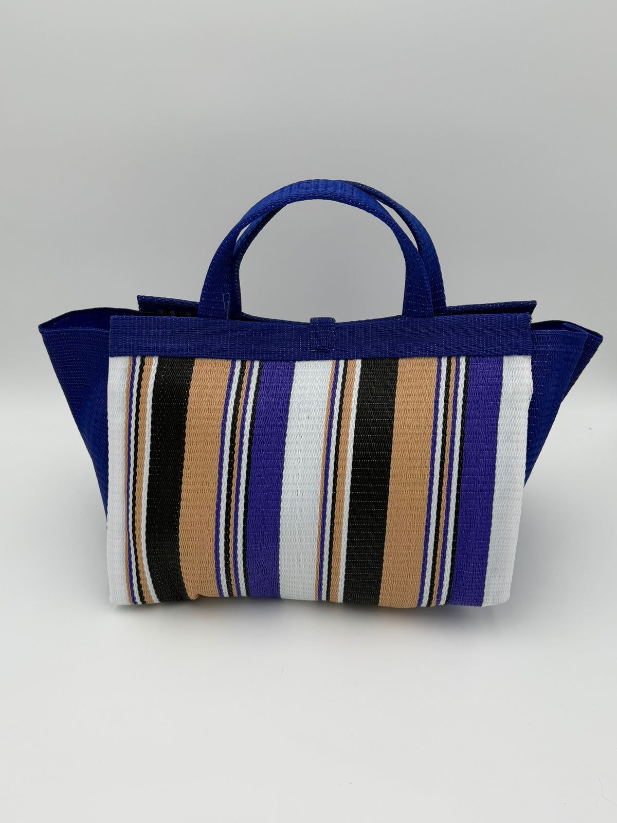 Beige Large handwoven tote bag by SCRUBIES in Blue,Beige,White,Black with Stripes design and Bow accent pattern