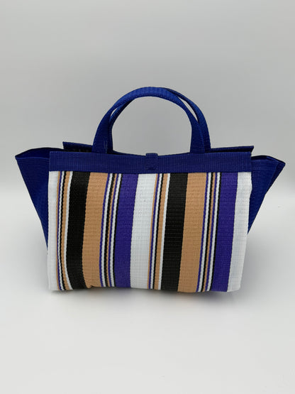Beige Large handwoven tote bag by SCRUBIES in Blue,Beige,White,Black with Stripes design and Bow accent pattern