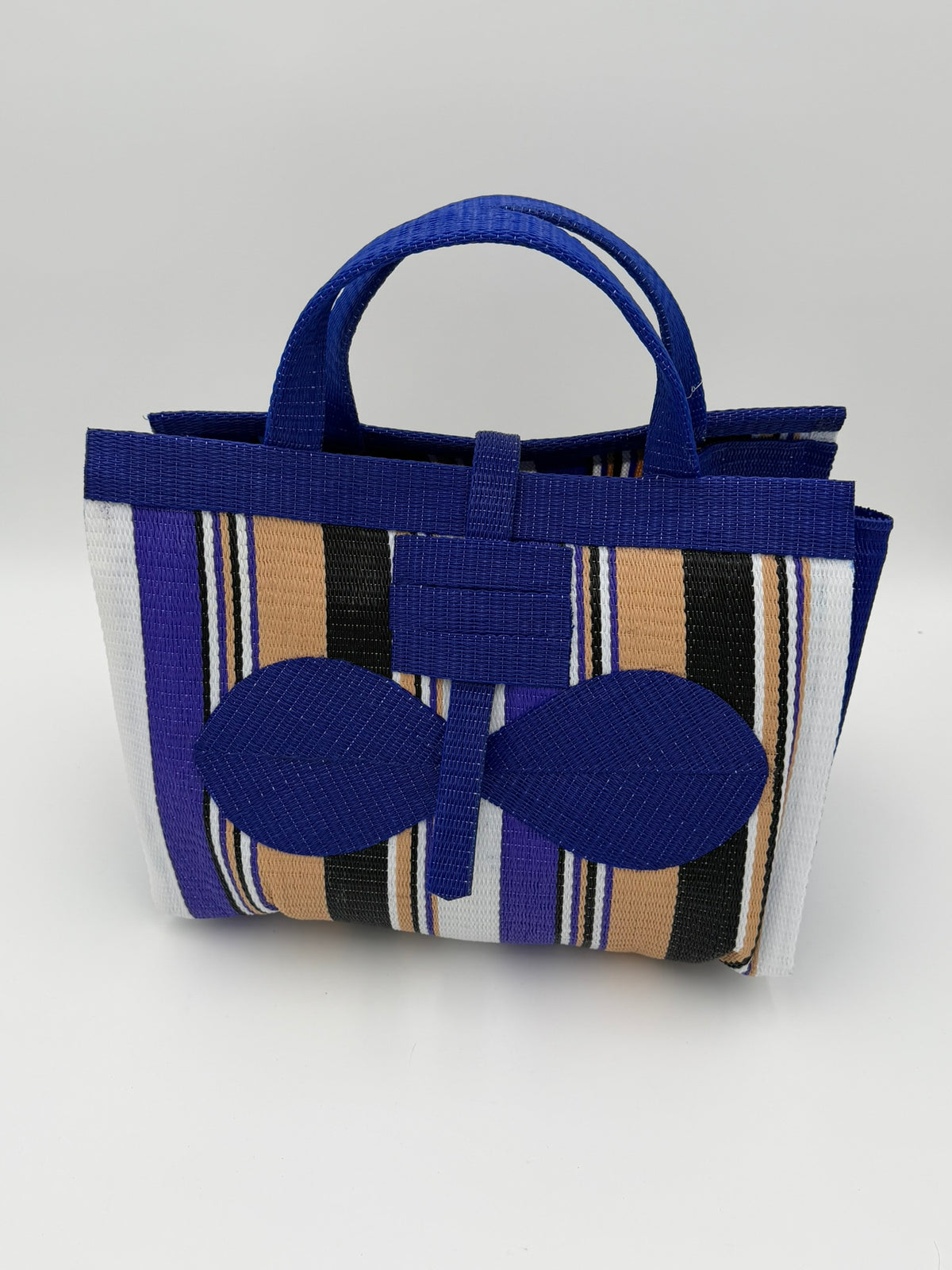 Beige Large handwoven tote bag by SCRUBIES in Blue,Beige,White,Black with Stripes design and Bow accent pattern