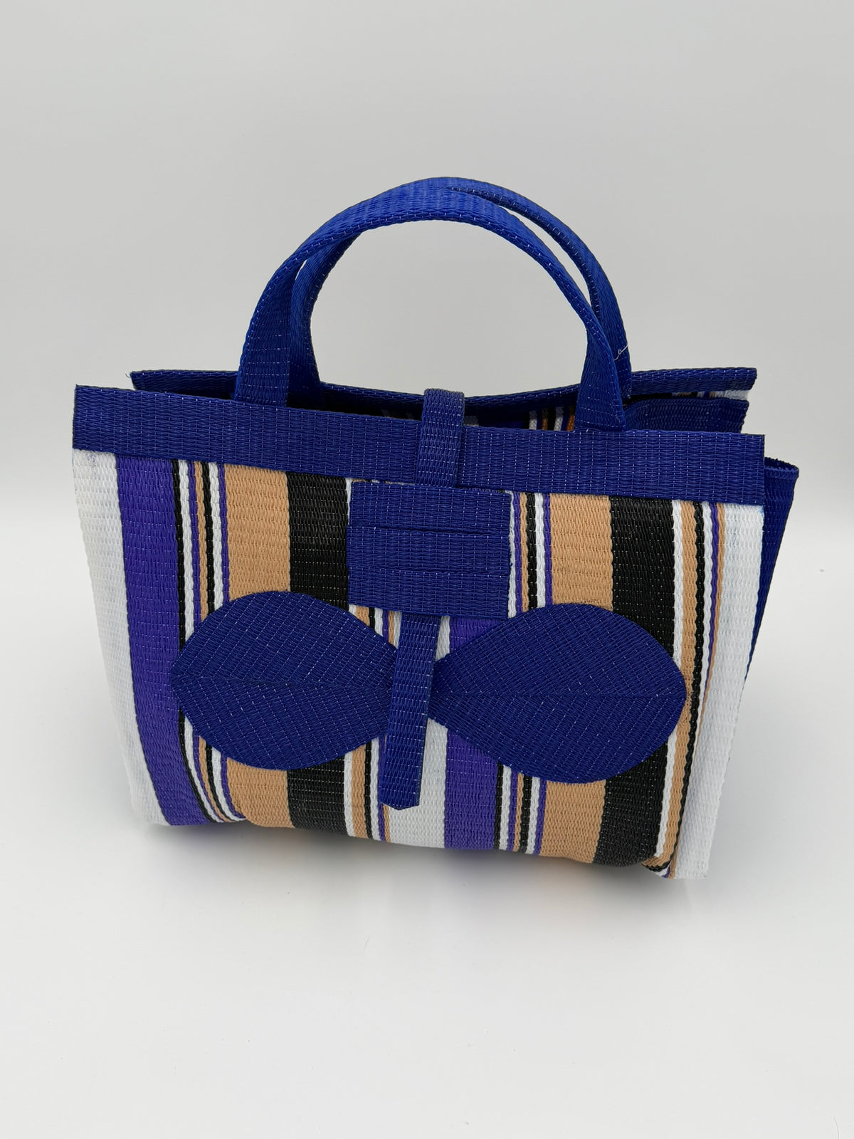 Beige Large handwoven tote bag by SCRUBIES in Blue,Beige,White,Black with Stripes design and Bow accent pattern