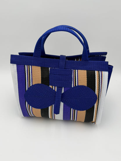 Beige Large handwoven tote bag by SCRUBIES in Blue,Beige,White,Black with Stripes design and Bow accent pattern