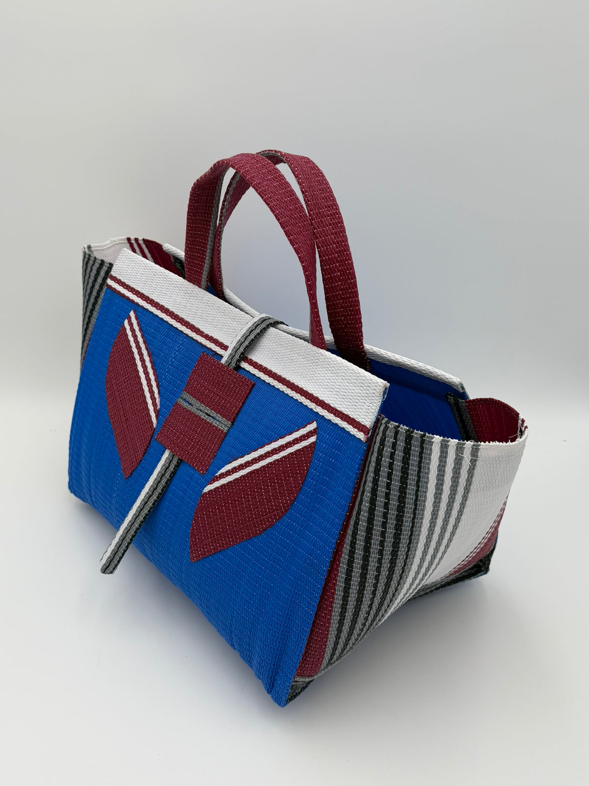 Lagoon Large handwoven tote bag by SCRUBIES in Bluw,Wine,White,Grey with Solid design and Leaf accent pattern