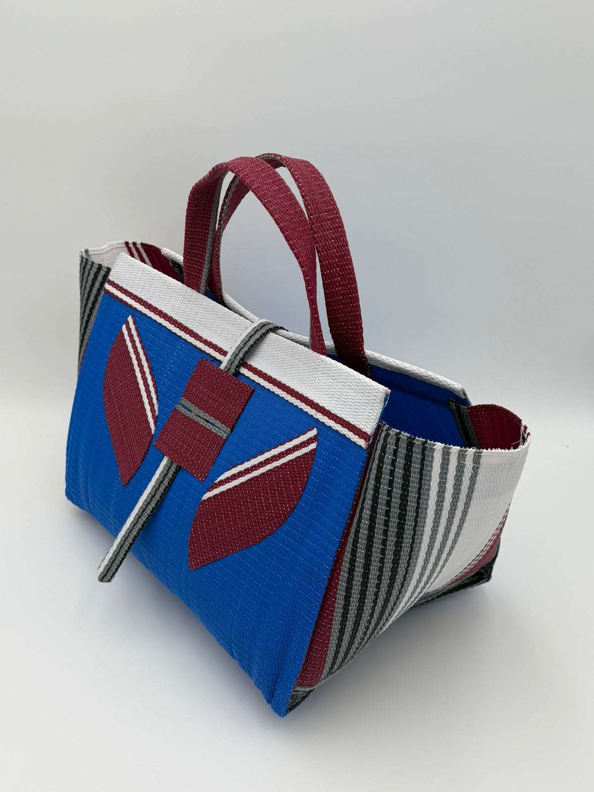 Lagoon Large handwoven tote bag by SCRUBIES in Bluw,Wine,White,Grey with Solid design and Leaf accent pattern