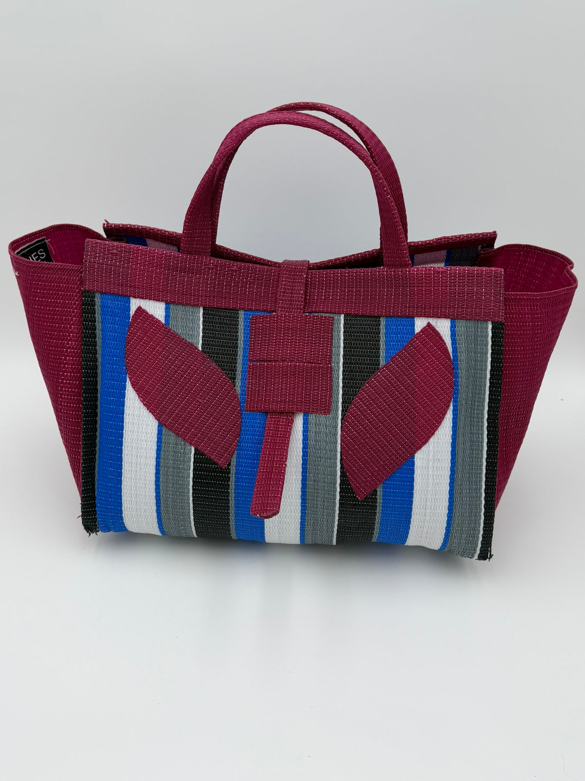 Berry Large handwoven tote bag by SCRUBIES in Wine,Blue,White,Black with Stripes design and Leaf accent pattern