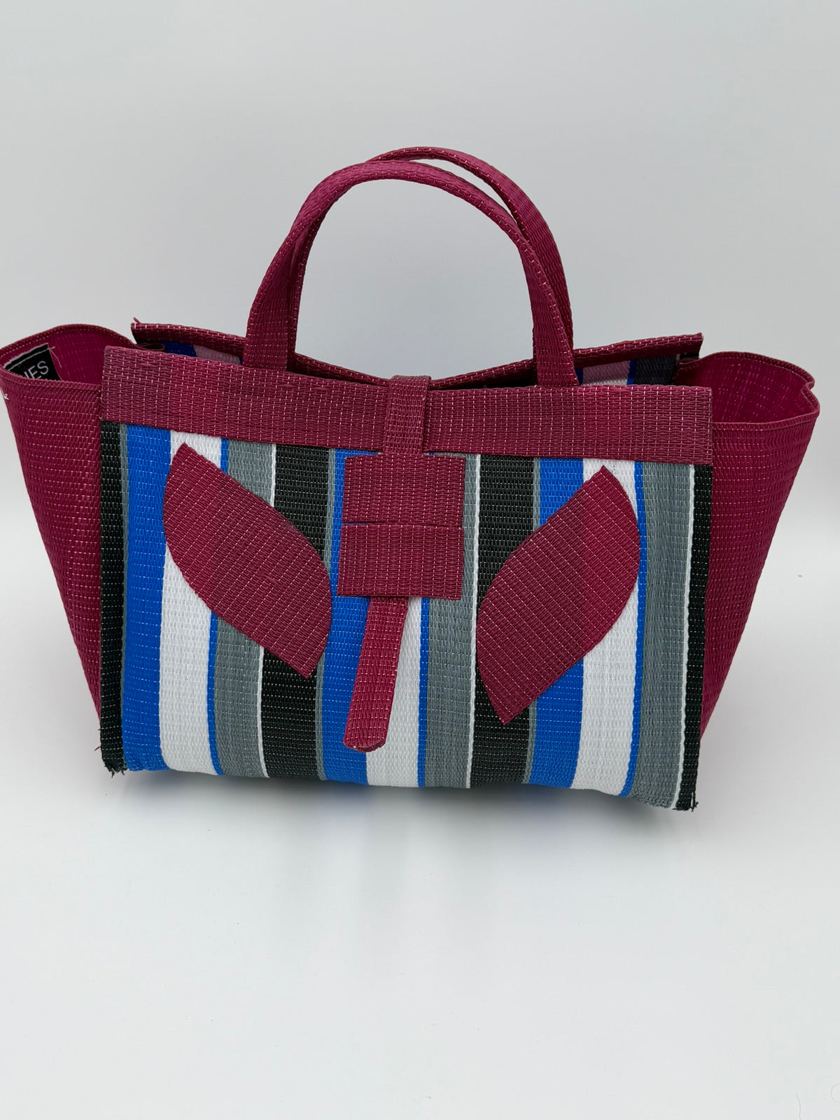 Berry Large handwoven tote bag by SCRUBIES in Wine,Blue,White,Black with Stripes design and Leaf accent pattern
