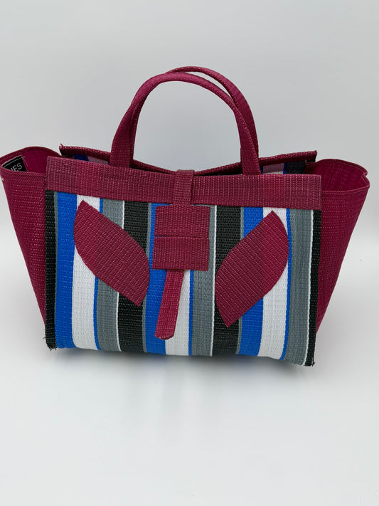 Berry Large handwoven tote bag by SCRUBIES in Wine,Blue,White,Black with Stripes design and Leaf accent pattern