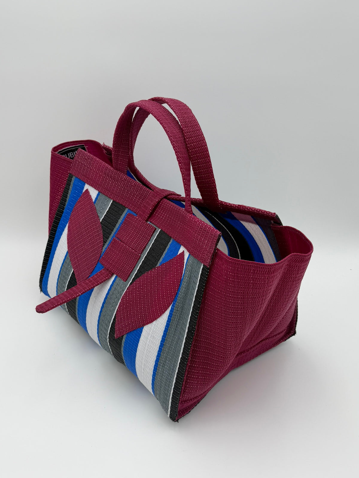 Berry Large handwoven tote bag by SCRUBIES in Wine,Blue,White,Black with Stripes design and Leaf accent pattern