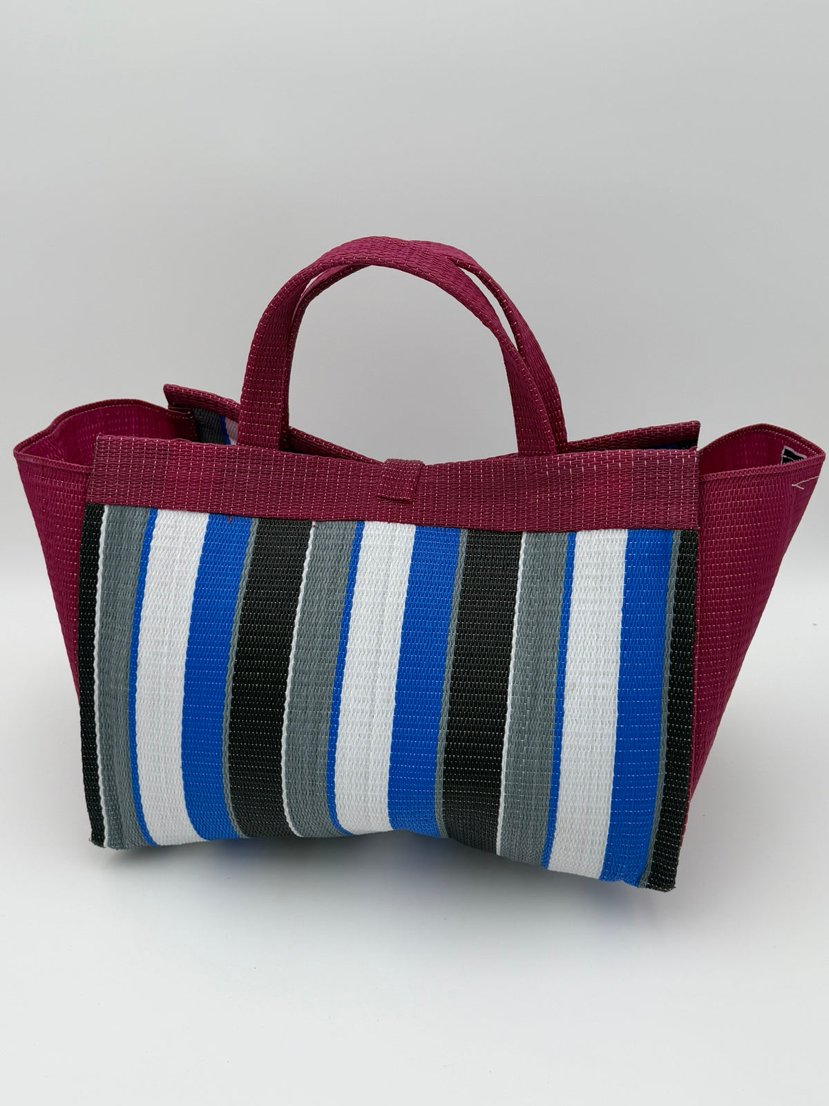 Berry Large handwoven tote bag by SCRUBIES in Wine,Blue,White,Black with Stripes design and Leaf accent pattern