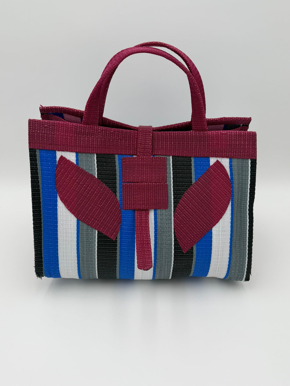 Berry Large handwoven tote bag by SCRUBIES in Wine,Blue,White,Black with Stripes design and Leaf accent pattern