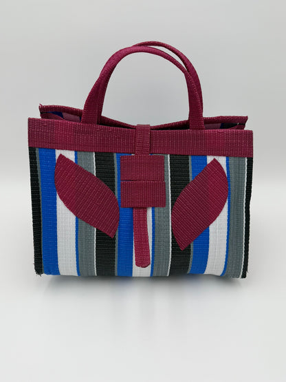 Berry Large handwoven tote bag by SCRUBIES in Wine,Blue,White,Black with Stripes design and Leaf accent pattern