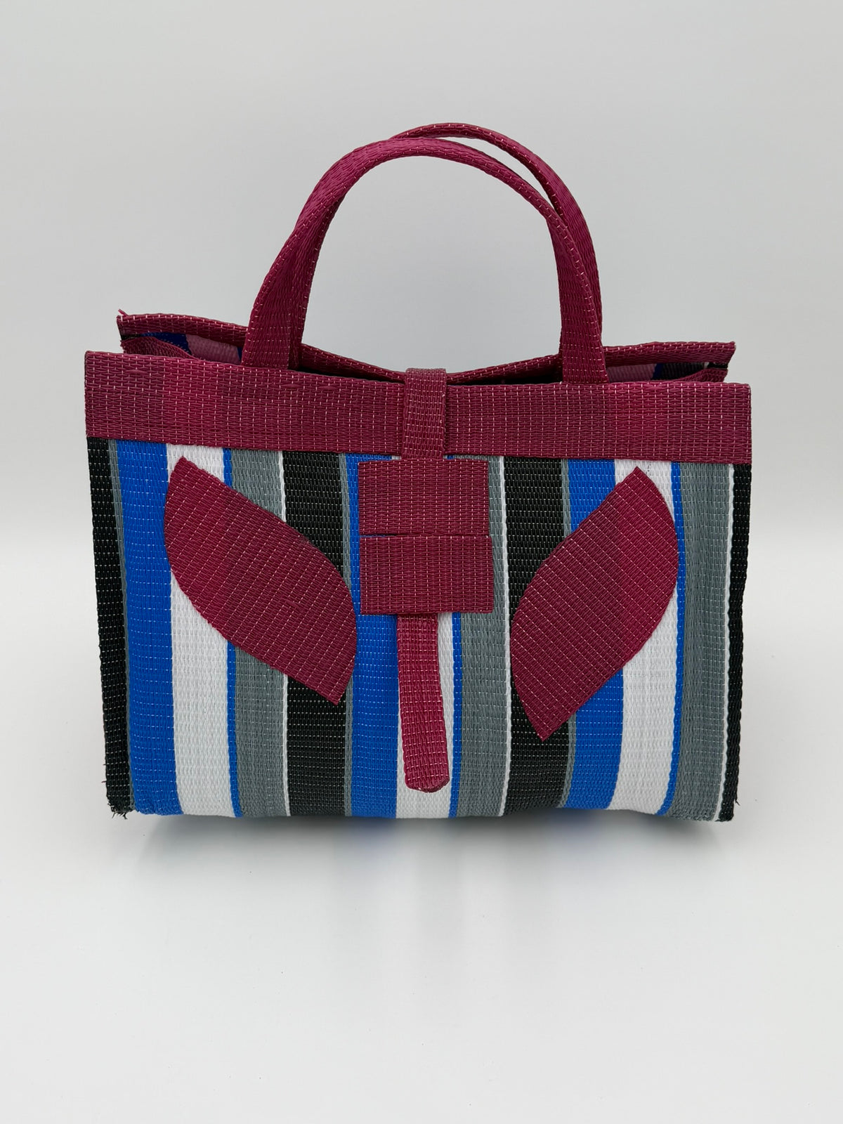Berry Large handwoven tote bag by SCRUBIES in Wine,Blue,White,Black with Stripes design and Leaf accent pattern