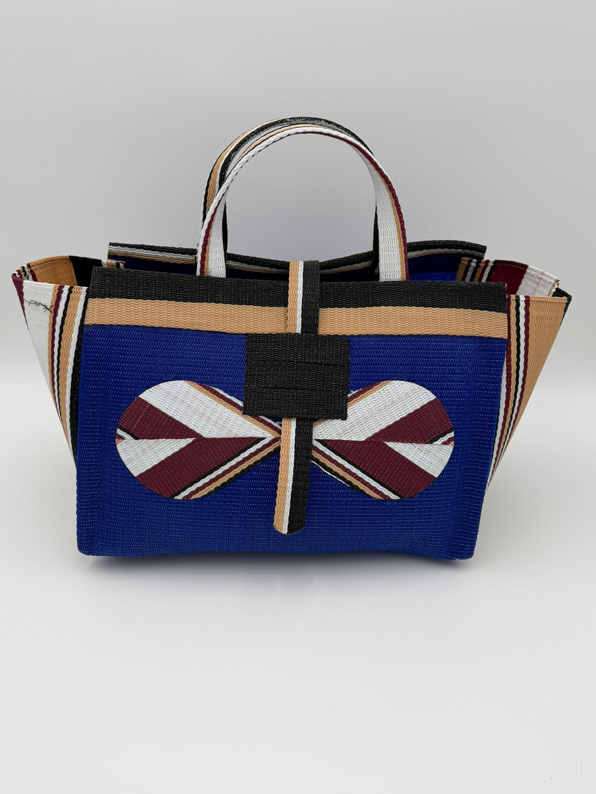 Berry Large handwoven tote bag by SCRUBIES in Blue,Beige,Black with Solid design and Bow accent pattern