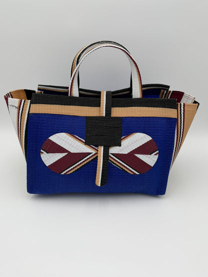Berry Large handwoven tote bag by SCRUBIES in Blue,Beige,Black with Solid design and Bow accent pattern