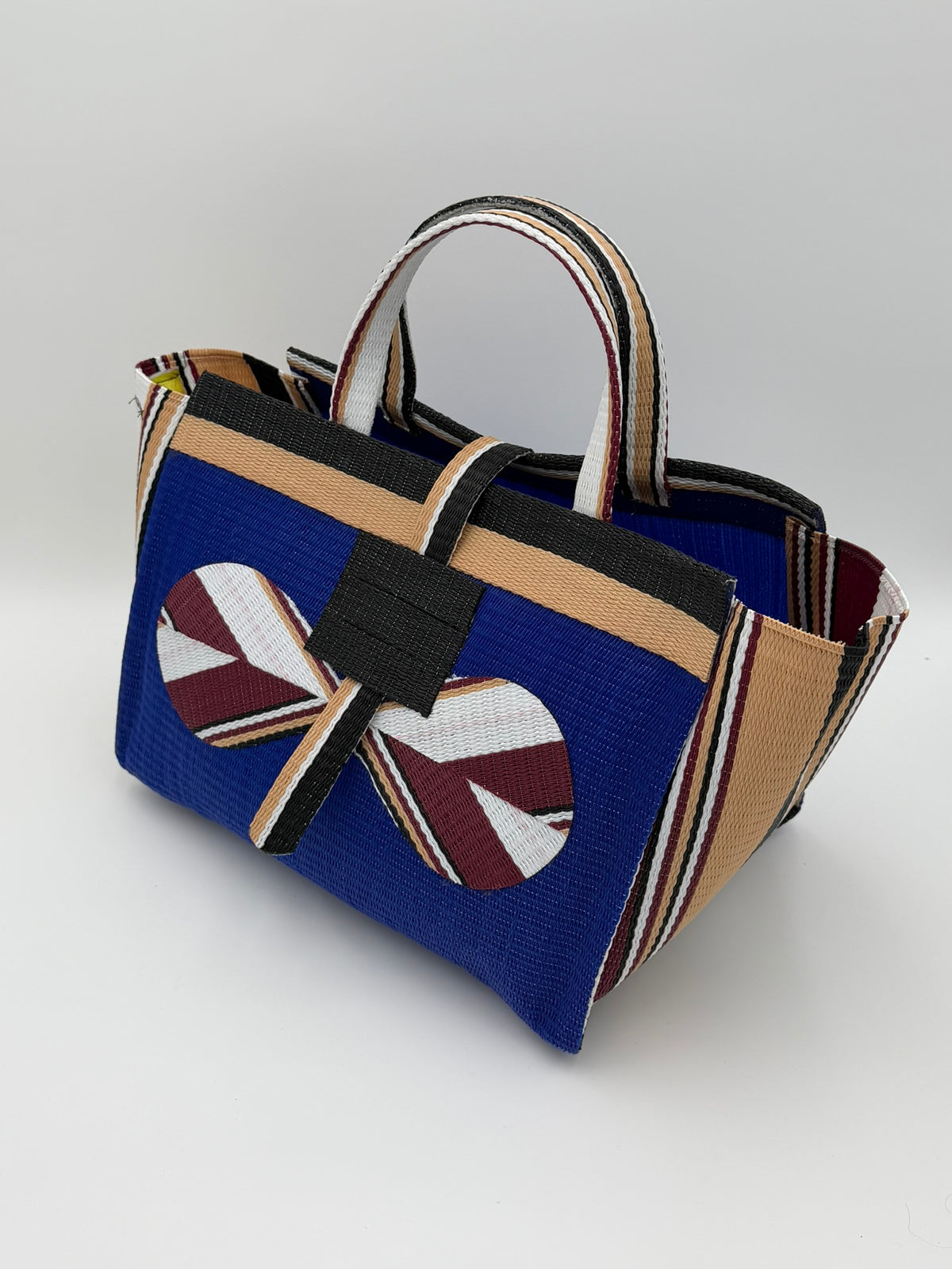 Berry Large handwoven tote bag by SCRUBIES in Blue,Beige,Black with Solid design and Bow accent pattern