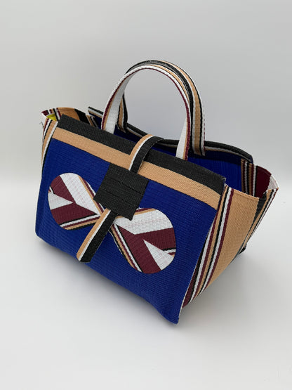 Berry Large handwoven tote bag by SCRUBIES in Blue,Beige,Black with Solid design and Bow accent pattern