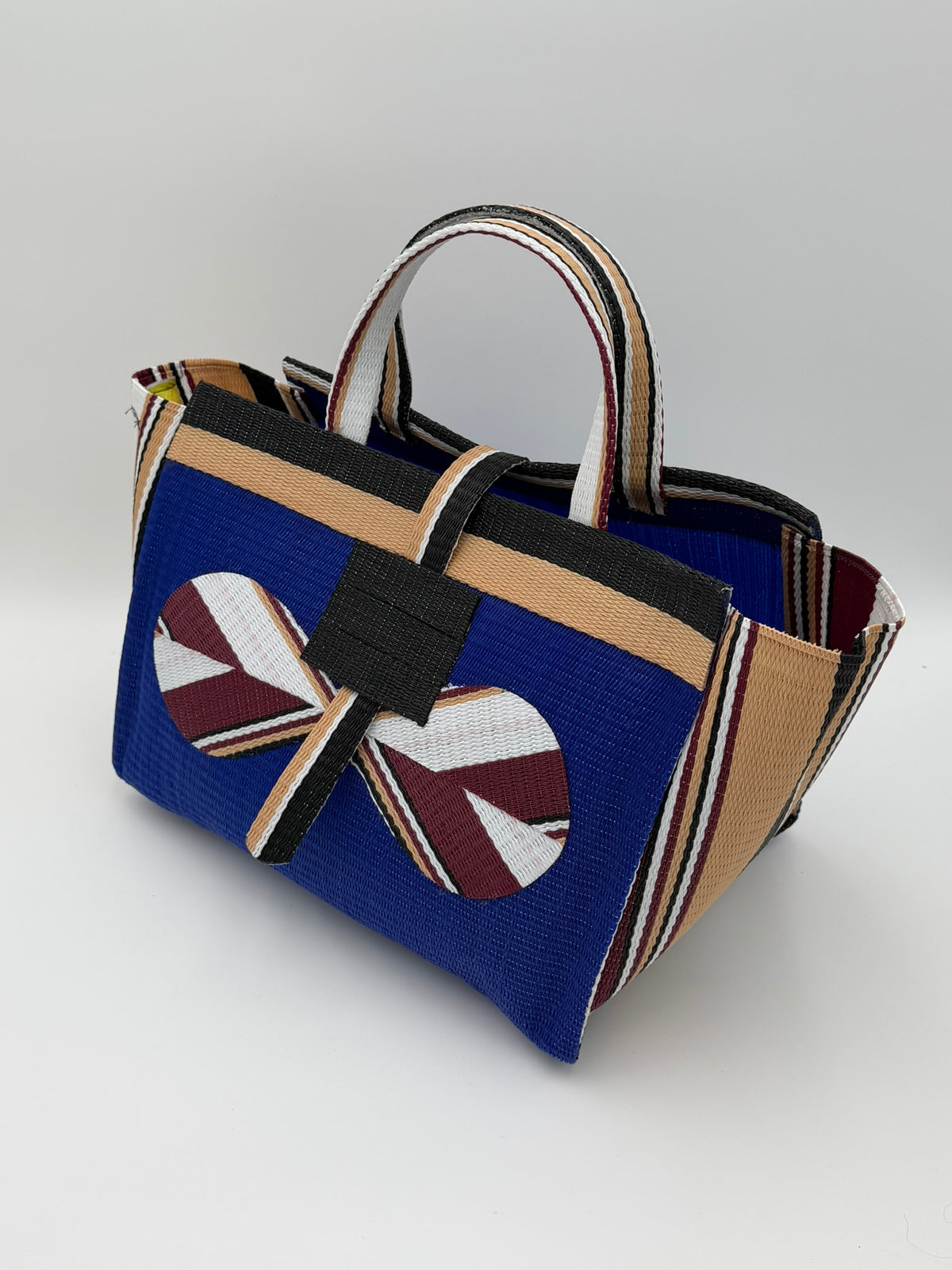 Berry Large handwoven tote bag by SCRUBIES in Blue,Beige,Black with Solid design and Bow accent pattern