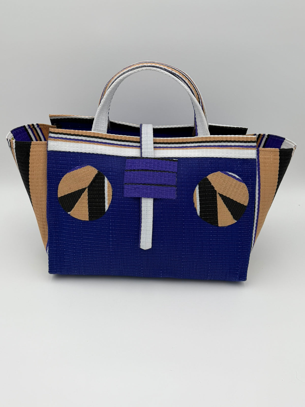 Berry Large handwoven tote bag by SCRUBIES in Blue,Beige,Black with Solid design and Circle accent pattern