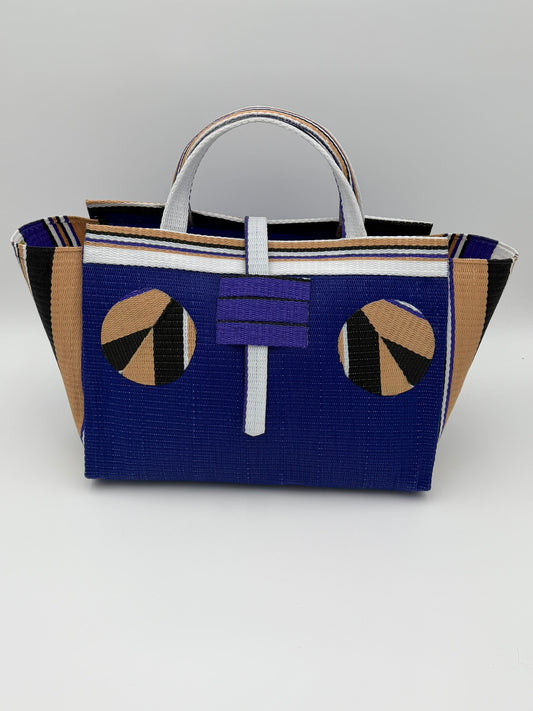 Berry Large handwoven tote bag by SCRUBIES in Blue,Beige,Black with Solid design and Circle accent pattern