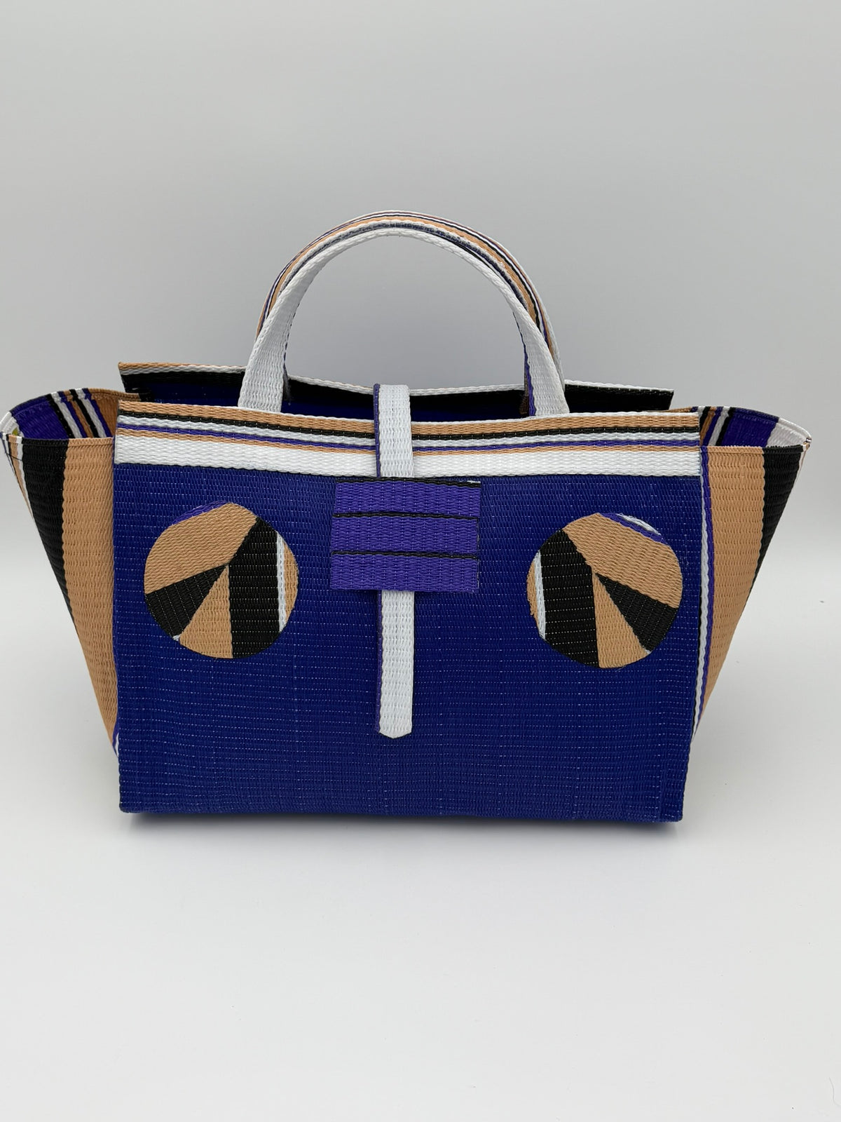 Berry Large handwoven tote bag by SCRUBIES in Blue,Beige,Black with Solid design and Circle accent pattern