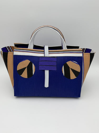 Berry Large handwoven tote bag by SCRUBIES in Blue,Beige,Black with Solid design and Circle accent pattern