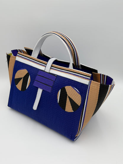 Berry Large handwoven tote bag by SCRUBIES in Blue,Beige,Black with Solid design and Circle accent pattern