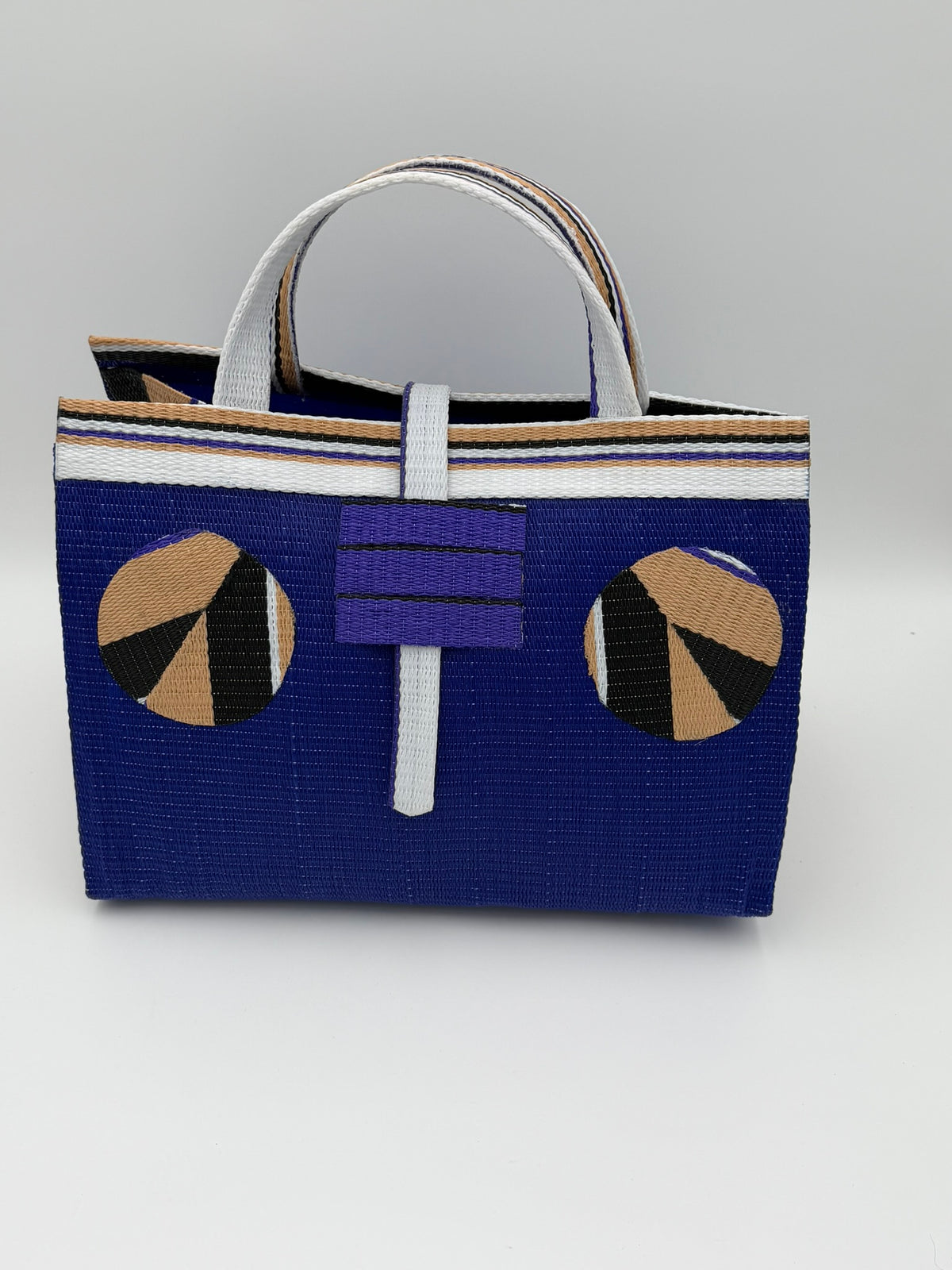 Berry Large handwoven tote bag by SCRUBIES in Blue,Beige,Black with Solid design and Circle accent pattern