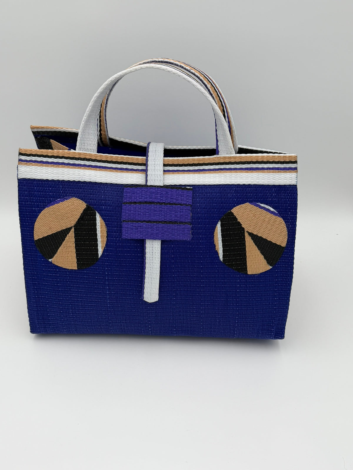 Berry Large handwoven tote bag by SCRUBIES in Blue,Beige,Black with Solid design and Circle accent pattern