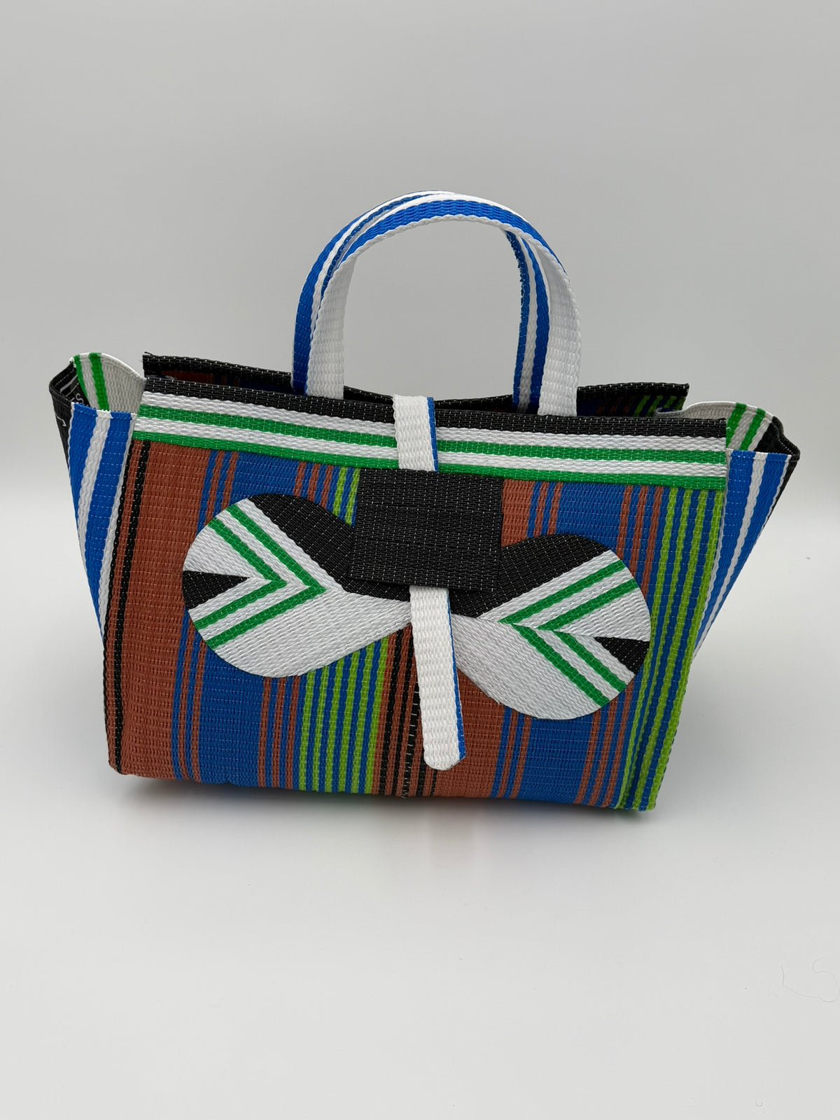 Emerald Large handwoven tote bag by SCRUBIES in Brown,Blue,Green,White,Black with Stripes design and Bow accent pattern