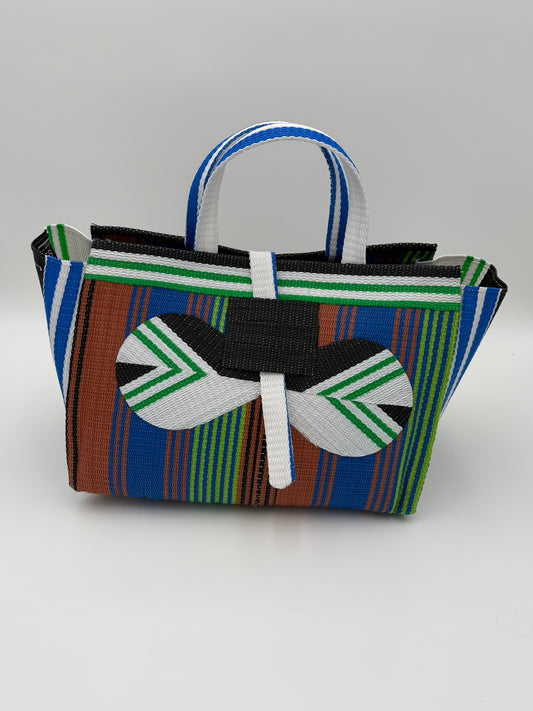 Emerald Large handwoven tote bag by SCRUBIES in Brown,Blue,Green,White,Black with Stripes design and Bow accent pattern