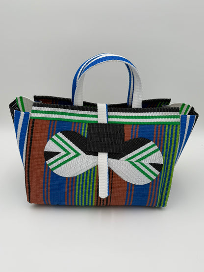 Emerald Large handwoven tote bag by SCRUBIES in Brown,Blue,Green,White,Black with Stripes design and Bow accent pattern